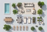 Fototapeta Uliczki - Outdoor furniture top view icons for interior and landscape design plan. Sofa, armchairs, table, plants, sunbed, swimming pool for garden, terrace, patio, porch zone. Realistic illustration isolated