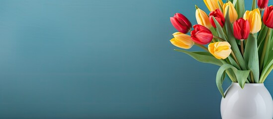 Leinwandbilder - Elegant Tulips Arrangement in a Ceramic Vase on a Rustic Wooden Table