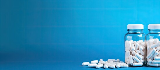 Aufkleber - Pharmacy Concept: Assorted Medical Pills in Glass Bottle on Vibrant Blue Background