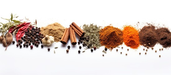 Poster - Vibrant Mix of Spices and Herbs on Clean White Background for Culinary Inspirations