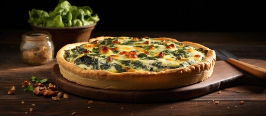 Poster - Delicious and Fresh Mini Spinach Pizza with Tomato Sauce on Rustic Wooden Board