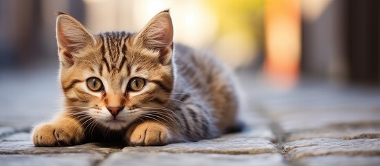 Aufkleber - Curious Kitten Captivated by the Camera While Laying on the Ground