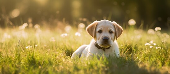 Poster - Adorable Puppy Relaxes in Lush Green Grass Field: A Moment of Bliss and Serenity