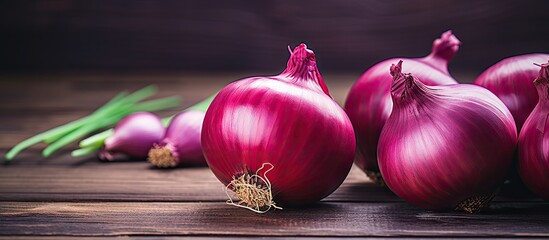 Aufkleber - Fresh Organic Onions Arranged on Rustic Wooden Table, Natural Ingredients for Cooking