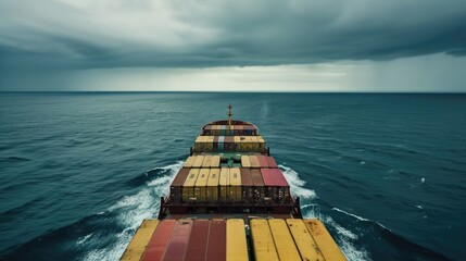 A massive container ship glides gracefully over the vast expanse of liquid beneath the captivating landscape of water, sky, and horizon. AIG41