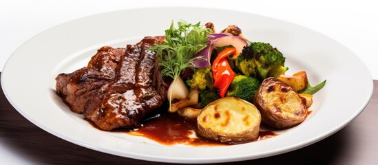 Aufkleber - Succulent Roasted Meat Served with Fresh Vegetables and Crispy Potatoes on a Plate