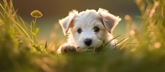 serene moment: little white dog rests in verdant grass field under the warm sunlight