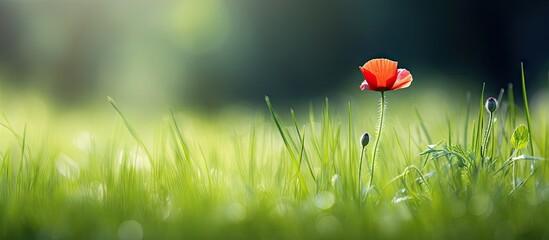 Fototapete - Vibrant Red Poppy Blossoming Beautifully in Lush Green Grass Field
