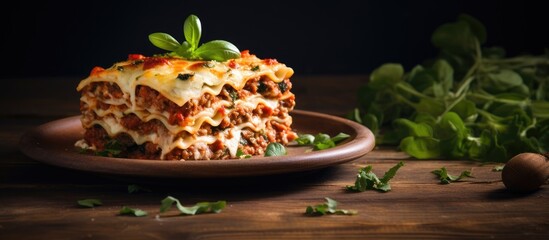 Poster - A Plate of Delicious Lasagna Served on a Rustic Wooden Table Ready to Be Enjoyed