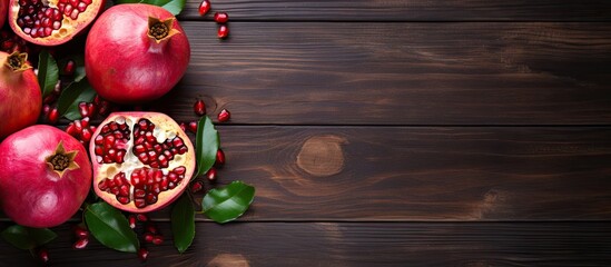 Poster - Fresh Pomegranate with Green Leaves on Natural Wooden Background