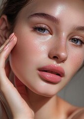 Wall Mural - Close up shot of a young beautiful woman with healthy shiny skin touching her face looking at the camera, vertical cropped portrait of young beauty, for cosmetic product, make up poster use.