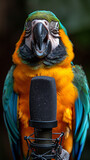 Fototapeta Big Ben - Closeup portrait of a blue and yellow Macaw parrot, Ara ararauna with microphone. AI Generative