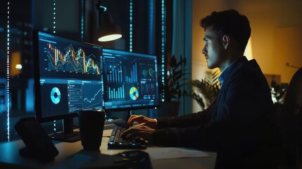 Poster - Businessman working on computer, analyzing business data, graphs and diagrams in modern office.
