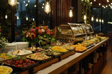 Wall Mural - Catering buffet food on a long table in a hotel restaurant