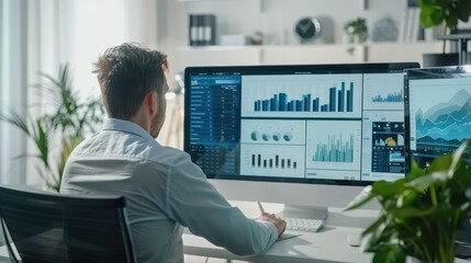 Poster - Businessman working on computer, analyzing business data, graphs and diagrams in modern office.