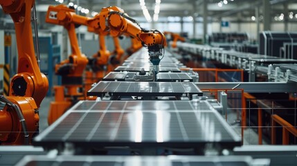 Fototapete - Industrial robotic arm on a production line in a modern solar panel factory