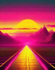 Synthwave retro cyberpunk style landscape background banner or wallpaper. Bright neon pink and yellow colors