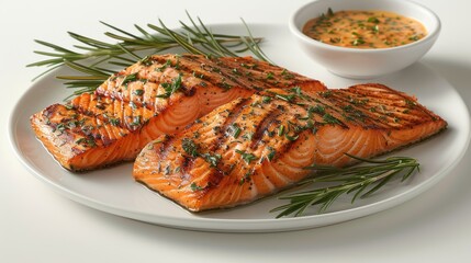 two pieces of salmon on a white plate with a small bowl of sauce and a sprig of green.