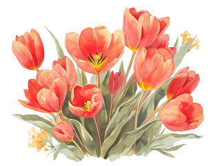 Wall Mural - Watercolor illustration of red tulips bouquet on white background