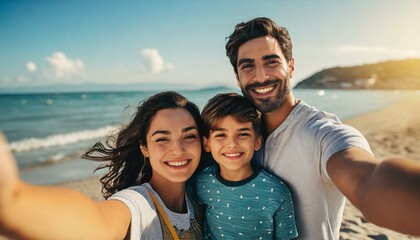 Young family with children taking selfie shot at the beach 