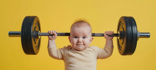 Funny strong baby lifting a heavy barbell on yellow background