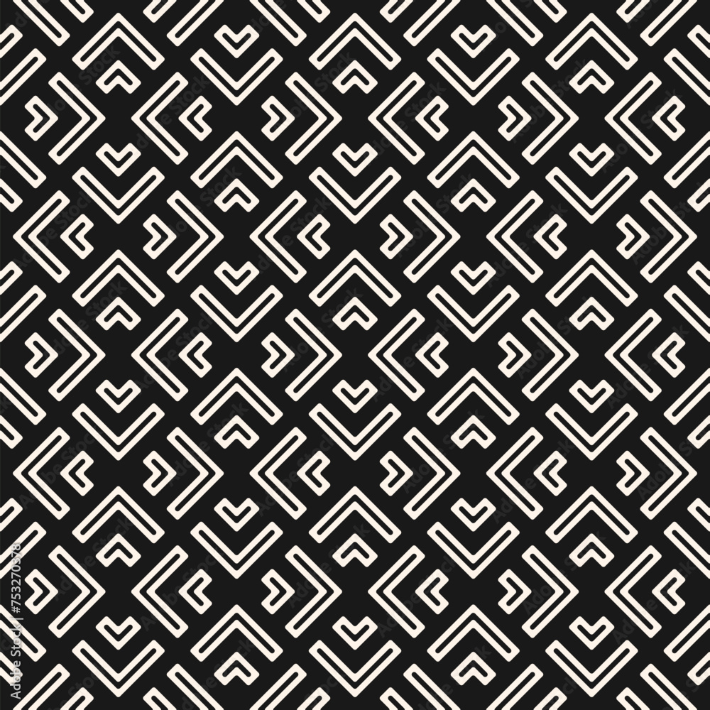 Geometric lines vector seamless pattern. Texture with triangles, squares, chevron, arrows, lines. Abstract black and white linear graphic background. Retro sport style ornament. Dark repeat design