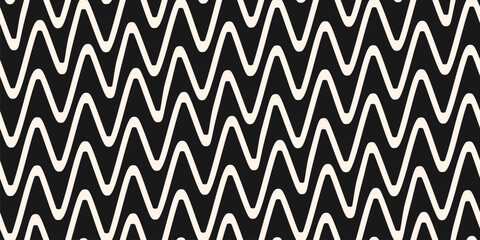 Stylish wavy zigzag lines seamless pattern. Vector background with smooth diagonal zig zag, waves, curved stripes, chevron. Black and white abstract geometric texture. Simple dark repeated geo design