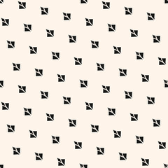 Vector geometric texture with small shapes, simple flower silhouettes, feathers in diagonal grid. Abstract minimal seamless pattern. Minimalist monochrome background. Repeat black and white design