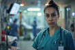 A dedicated nurse stands ready in a bustling hospital corridor.
