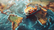 Container ship model on world map , transcontinental transportation or globalization concept image with copy space
