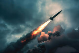 Fototapeta  - Launch of a ballistic supersonic missile in a cloud of smoke