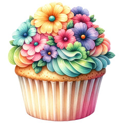 Wall Mural - Vibrant floral cupcake watercolor, Sweet dessert, Festive decoration, Isolated on transparent background. Generative AI