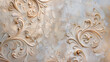 Closeup texture fragment shot of wall, decorated with decorative golden plaster, putty with decorative lace and ornate patterns, irregularities and roughness
