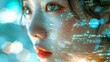 Futuristic portrait of Asian woman with data visualization reflection of the screen