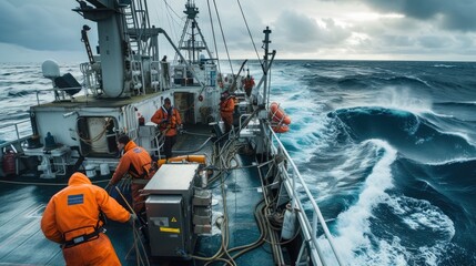 A rugged fishing boat cuts through turbulent ocean waves under a dramatic overcast sky, showcasing the resilience of maritime workers. AIG41