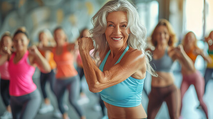  eldery grey-haired woman working out with group of eldery women, light fitness activity, longevity, healthy active lifestyle