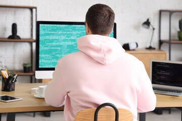 Male programmer working with computer in office, back view