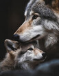 Wolf mother nuzzling her puppy wolf cute portrait