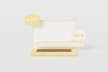 Poster - 3D yellow Laptop computer with search bar and speech bubble icon. Navigation and search, SEO internet marketing concept. Minimal Cartoon creative design icon isolated on white background. 3D Rendering