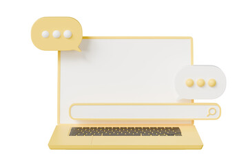 Poster - 3D yellow Laptop computer with search bar and speech bubble icon. Navigation and search, SEO internet marketing concept. Minimal Cartoon creative design icon isolated on white background. 3D Rendering