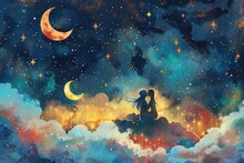 A Whimsical Illustration Of Two Women Sharing A Kiss On A Whimsical Cloud, Surrounded By Stars And Moons