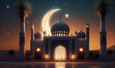 Wall Mural - A house in a Muslim country, in the form of a mosque, against a backdrop of desert and palm trees