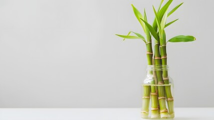 Wall Mural - Bamboo shoots growing in a bottle, against a white background.