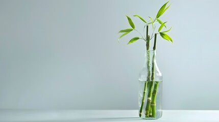 Wall Mural - Bamboo shoots growing in a bottle, against a white background.