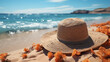 Straw Hat and Orange Flowers on a Sunny Beach Shoreline.