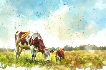 Watercolor illustration of a cow and calf grazing. Farm animals eat grass. AI Generated 