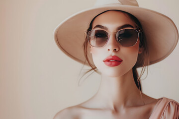 Wall Mural - Fashion blogger in a chic hat and oversized sunglasses, playful smirk, soft beige background 