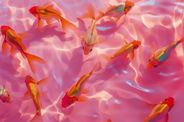 Wall Mural - A cluster of goldfish is on a pink background. Generated by artificial intelligence.
