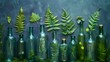 Glass bottle collection with ferns and leaves
