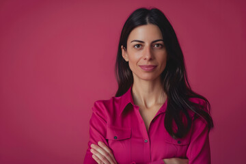 Wall Mural - Confident female entrepreneur with crossed arms, startup success, bold magenta background 